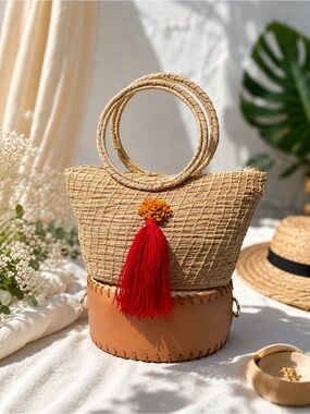 Woven Straw Tote Bag with Red Tassel